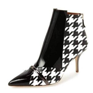 FSJ Women Glossy Mid Heel Ankle Boots Pointed Toe Bootie Chelsea Zipper Plaid